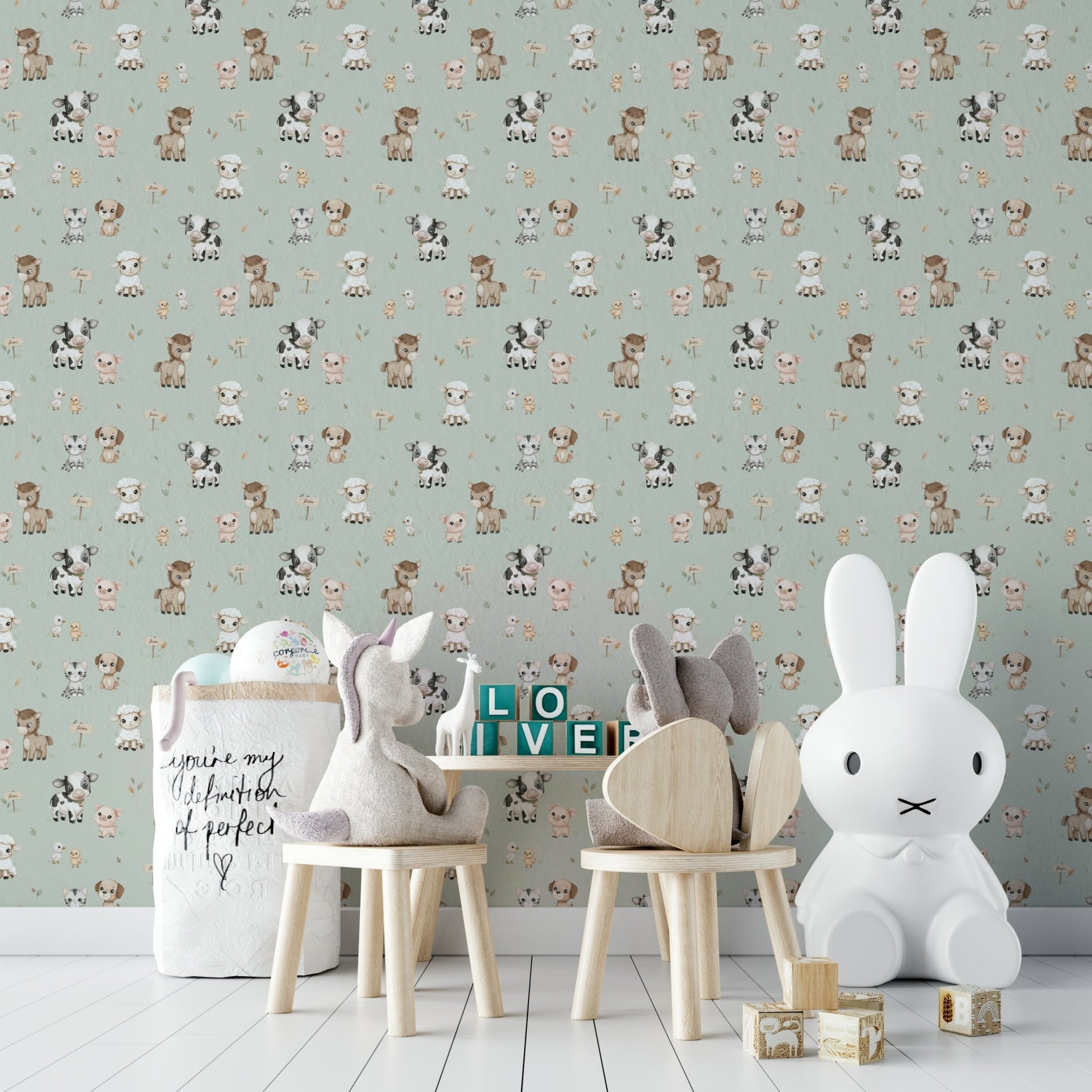 Cute farm animal wallpaper on soft mint background

