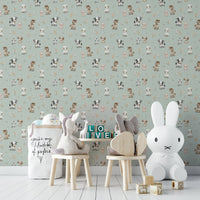 Cute farm animal wallpaper on soft mint background

