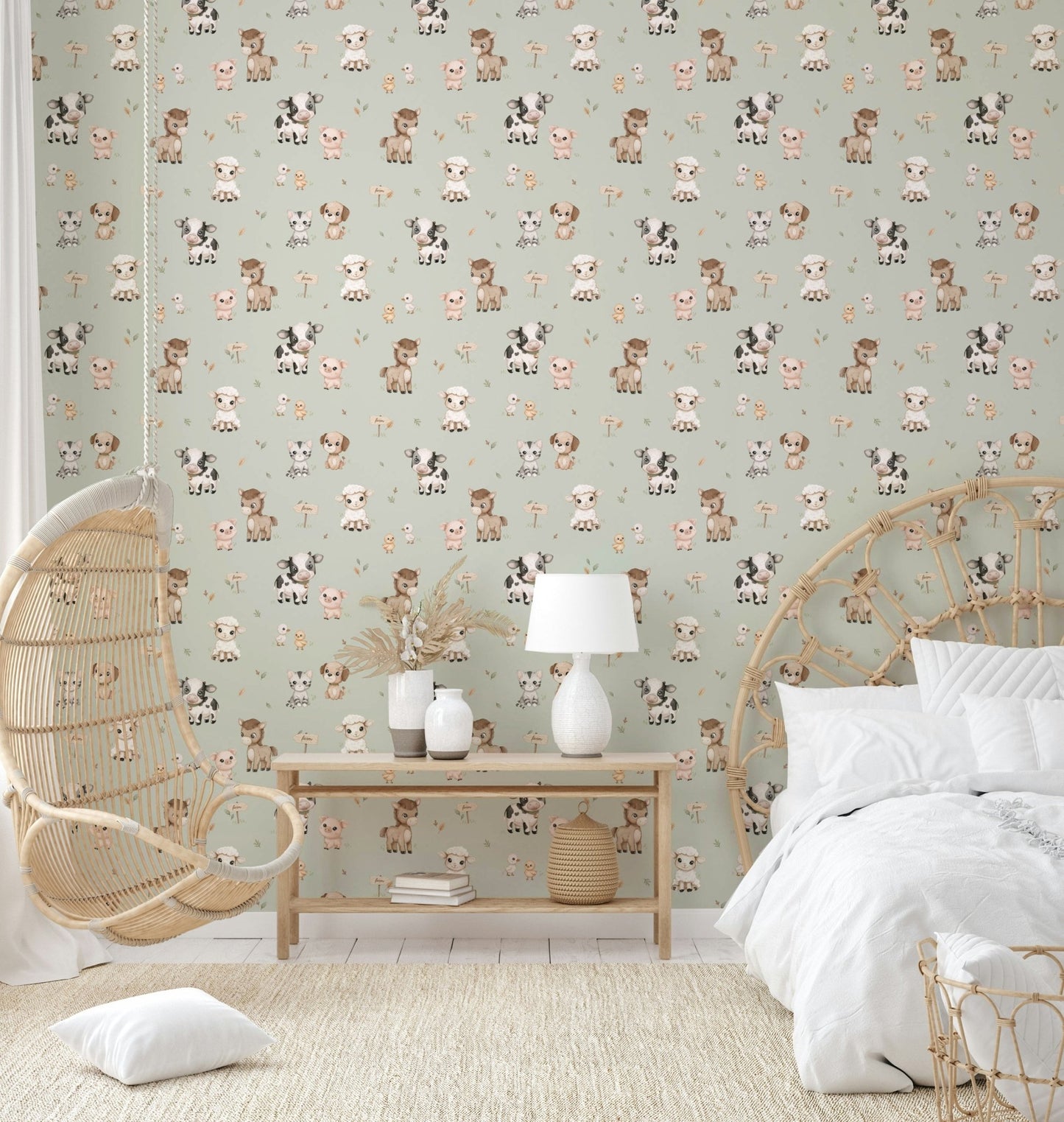 Farm-themed mint wallpaper with animals and greenery

