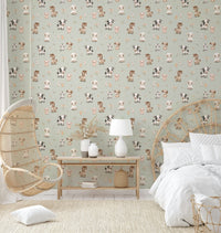 Farm-themed mint wallpaper with animals and greenery

