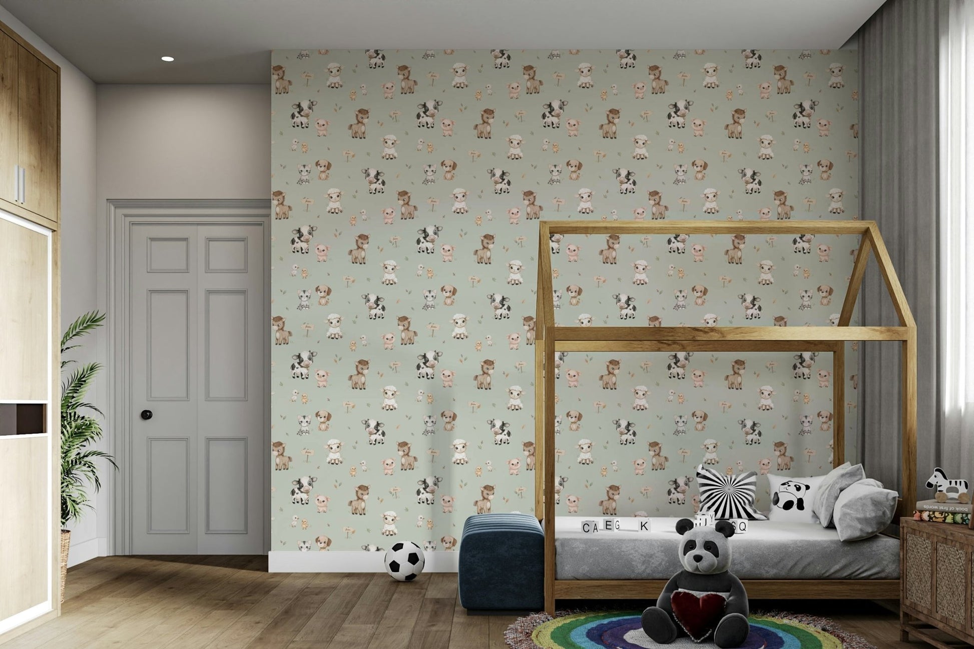 Kids room wallpaper with happy farm animals on mint background