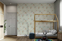 Kids room wallpaper with happy farm animals on mint background