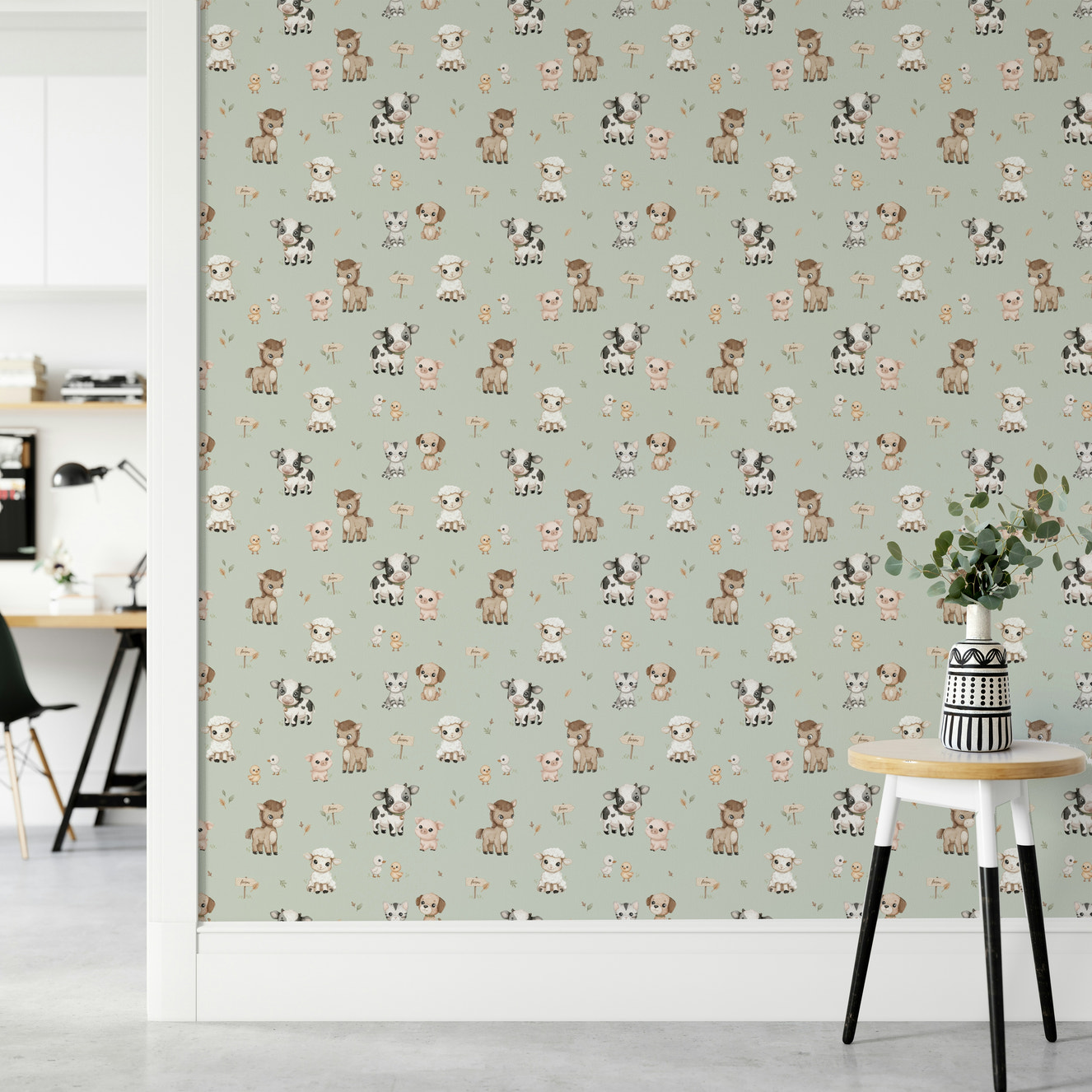 Happy Farmtime wallpaper with mint background and farm animals

