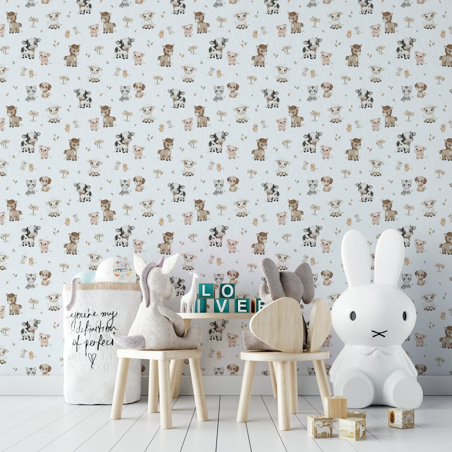 Bright farm scene wallpaper with barns and fields


