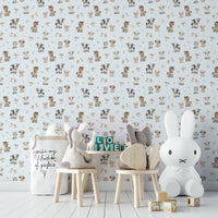 Bright farm scene wallpaper with barns and fields

