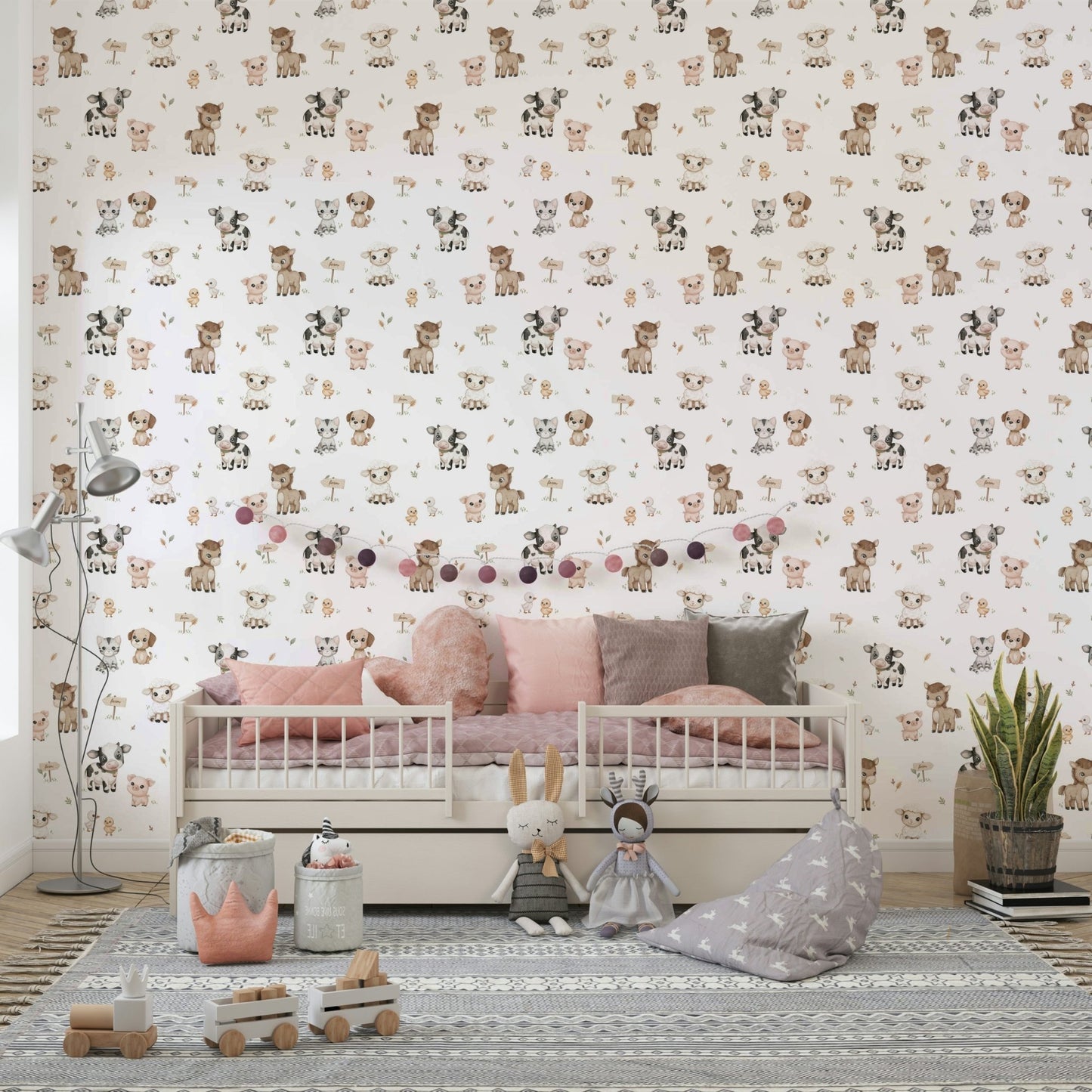 Colorful farm scene wallpaper for kids room

