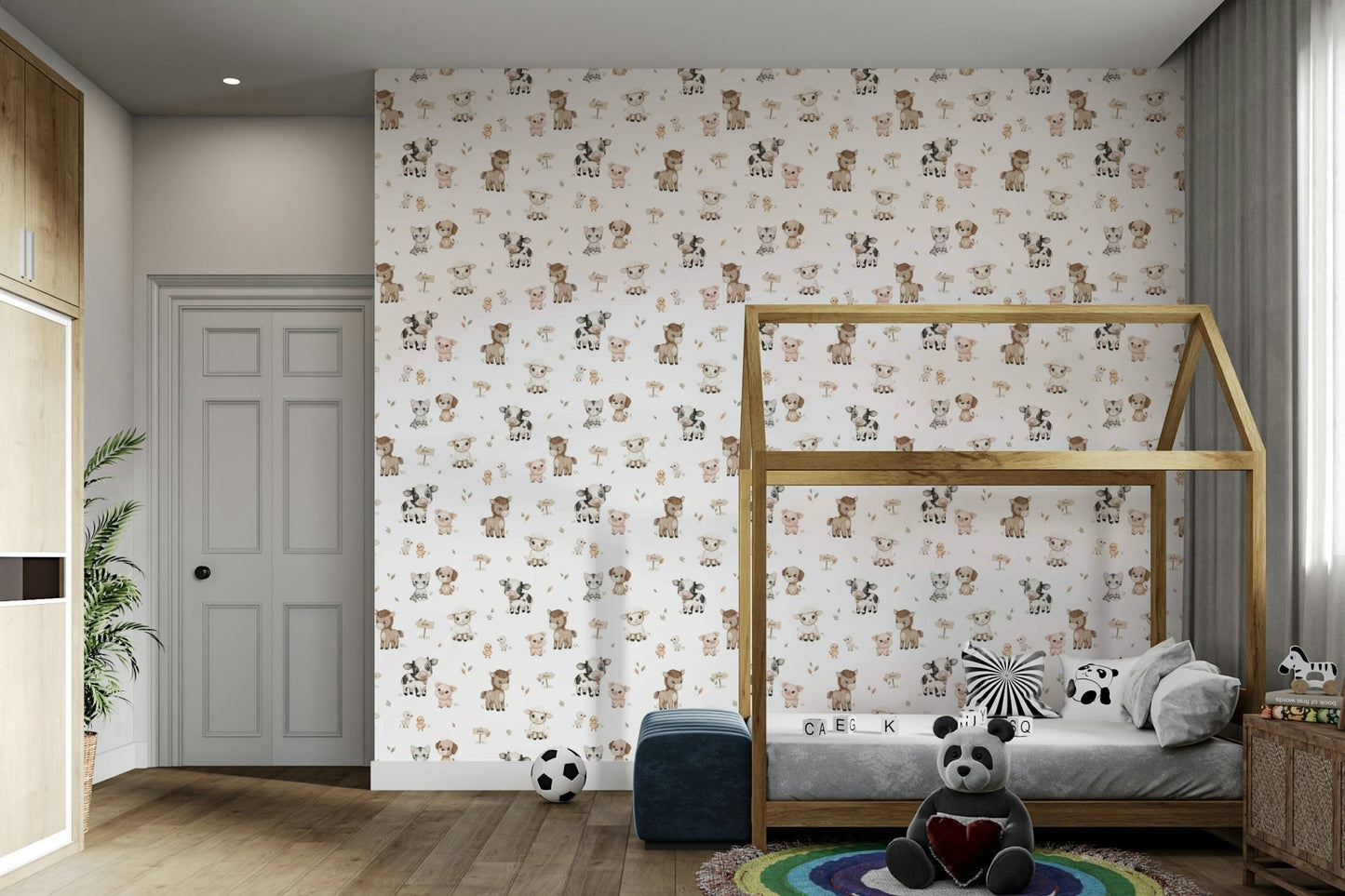 Cheerful farm animal wall mural with barns


