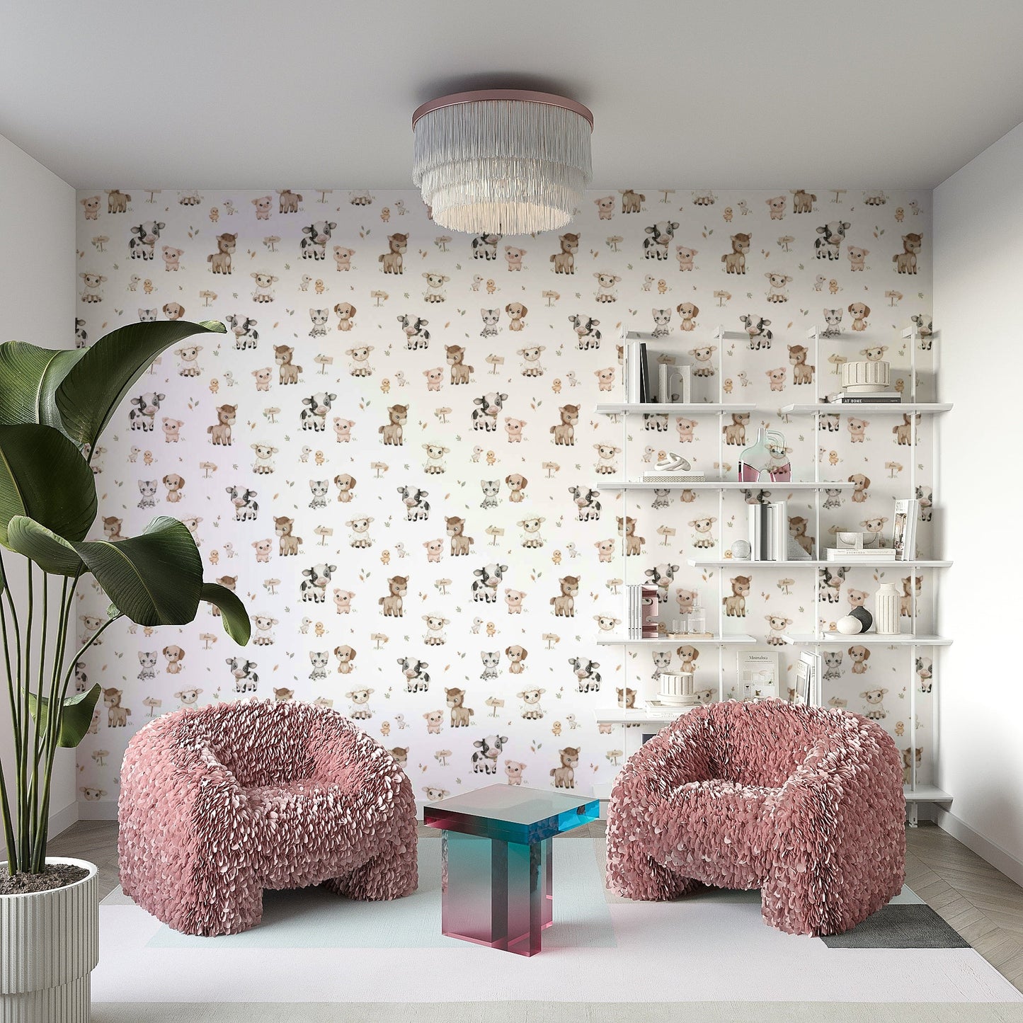 Farm animal wallpaper with happy cows and pigs

