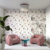 Farm animal wallpaper with happy cows and pigs

