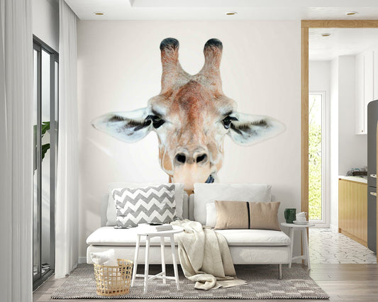 Smiling giraffe head close-up photo

