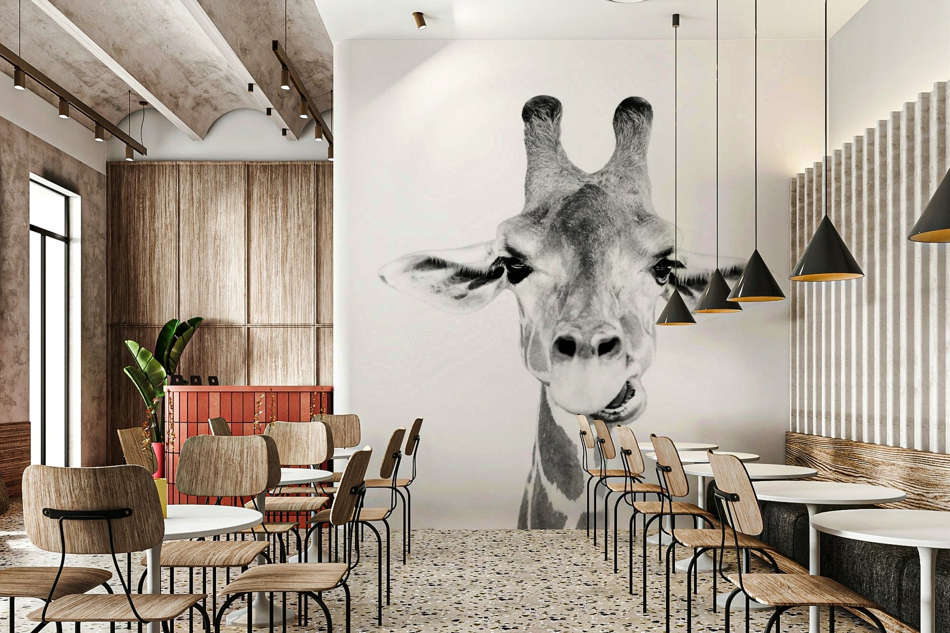 Focus on the giraffe's long neck and patterns.

