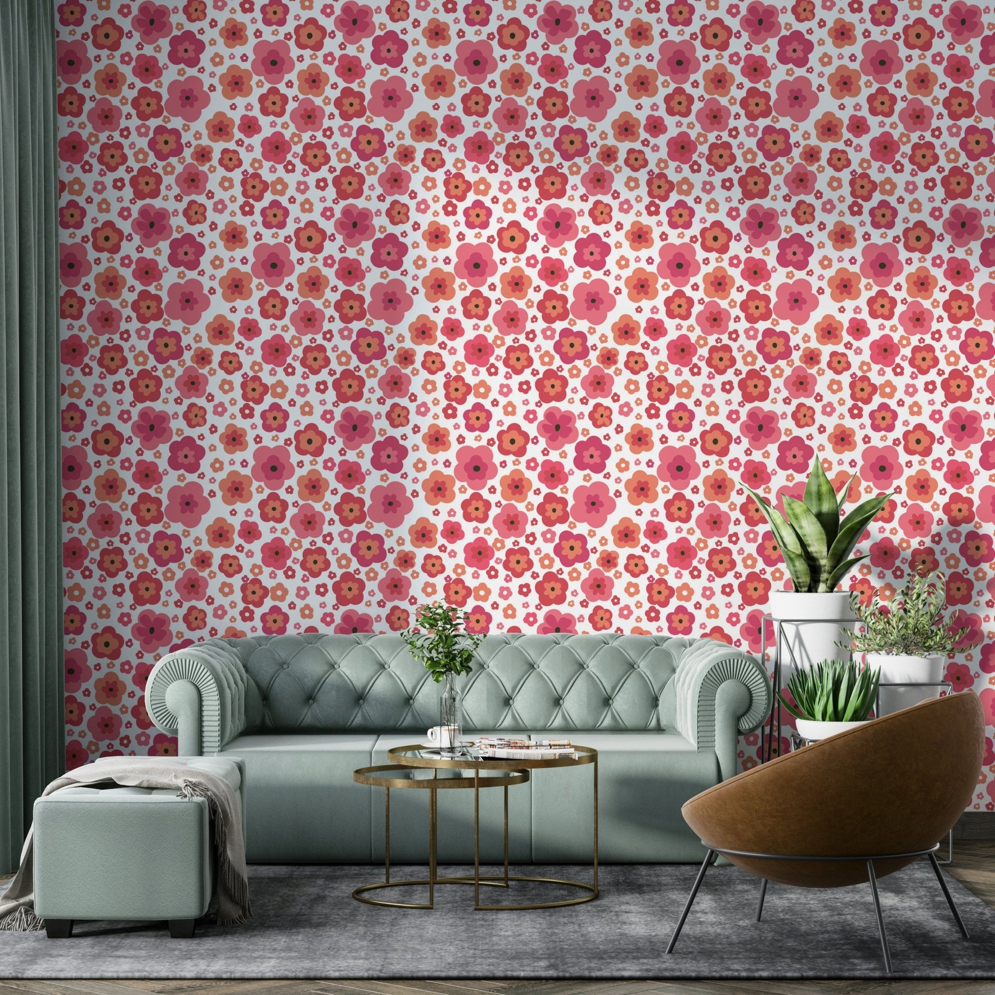 Colorful retro flower mural for playful spaces

