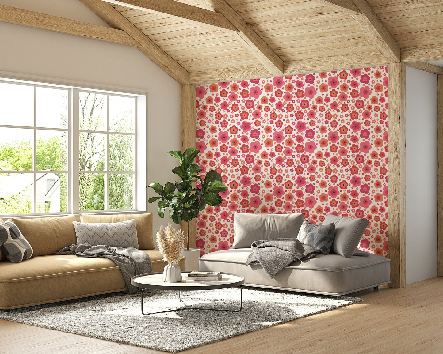 70s-inspired wallpaper with happy blooms

