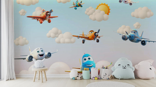 A peaceful wall mural with a playful airplane design.

