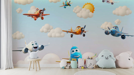 A peaceful wall mural with a playful airplane design.

