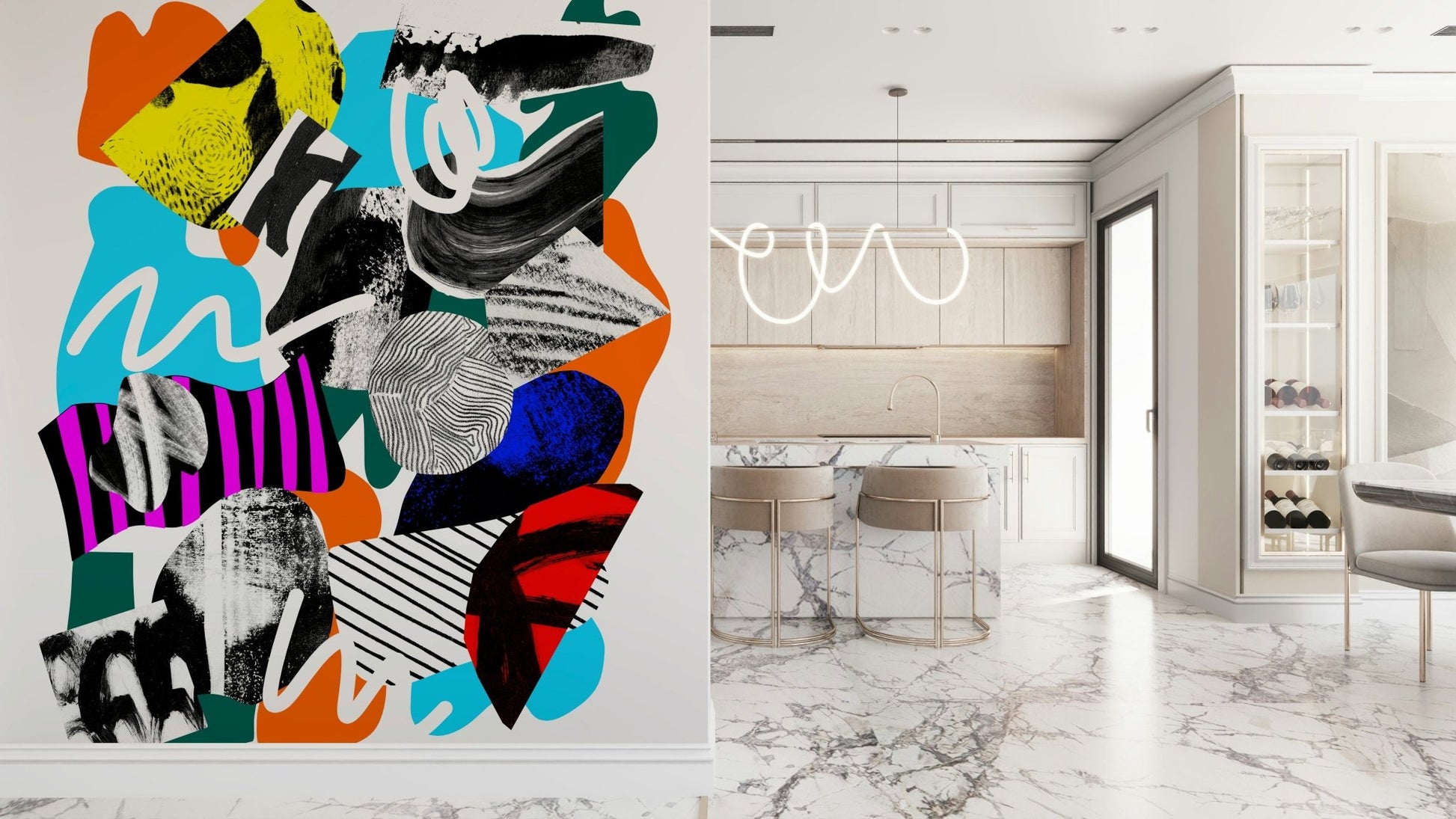 A peaceful modern abstract mural on decorative wallpaper.