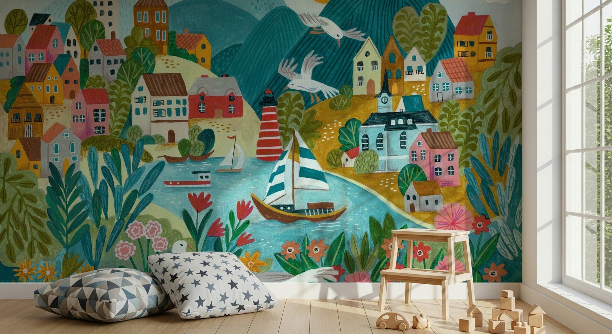 A beautiful wide-angle wall mural of a coastal scene.