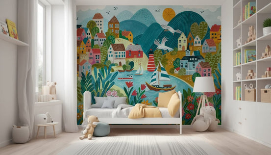 A beautiful tranquil harbor wallpaper mural of a peaceful, boat-filled scene., GD5727