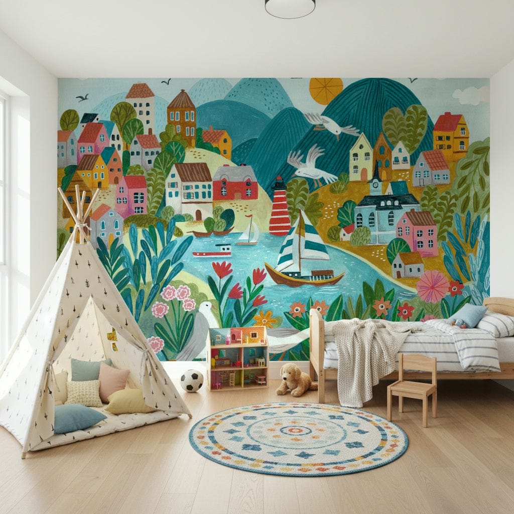 An artistic natural vista mural on scenic wallpaper.