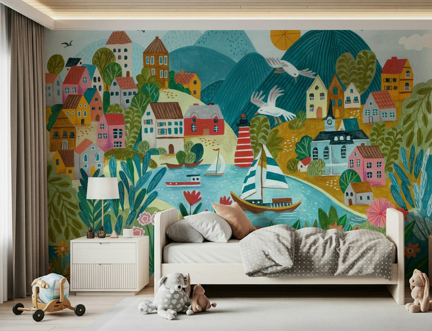 A calming serene view wallpaper mural that defines a space.