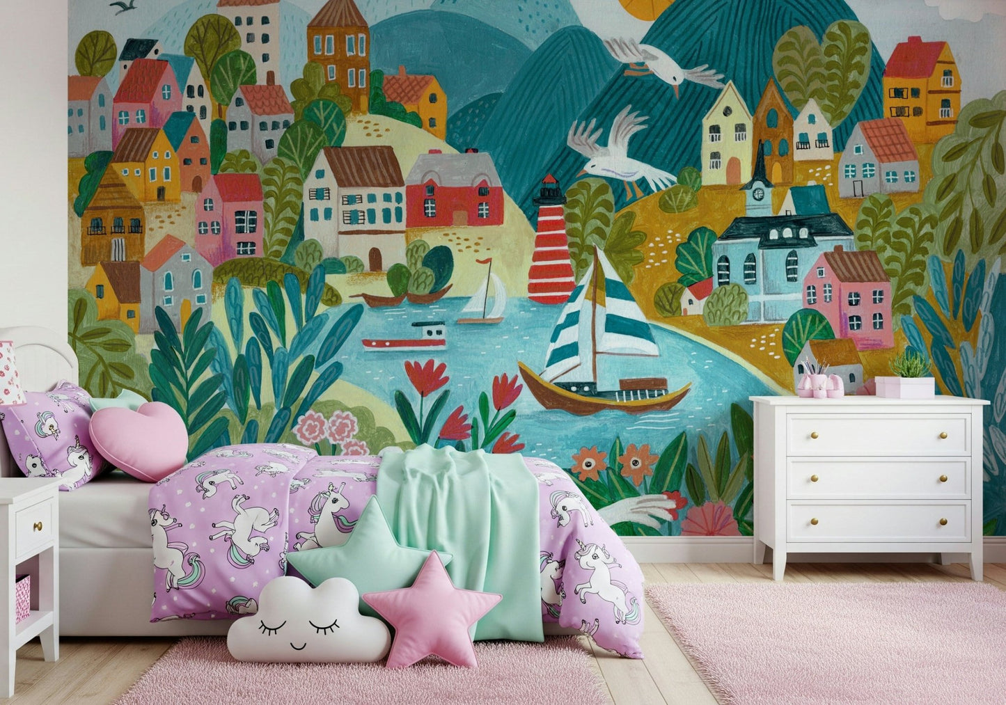 A graceful subtle pattern wall mural in cool, natural tones.