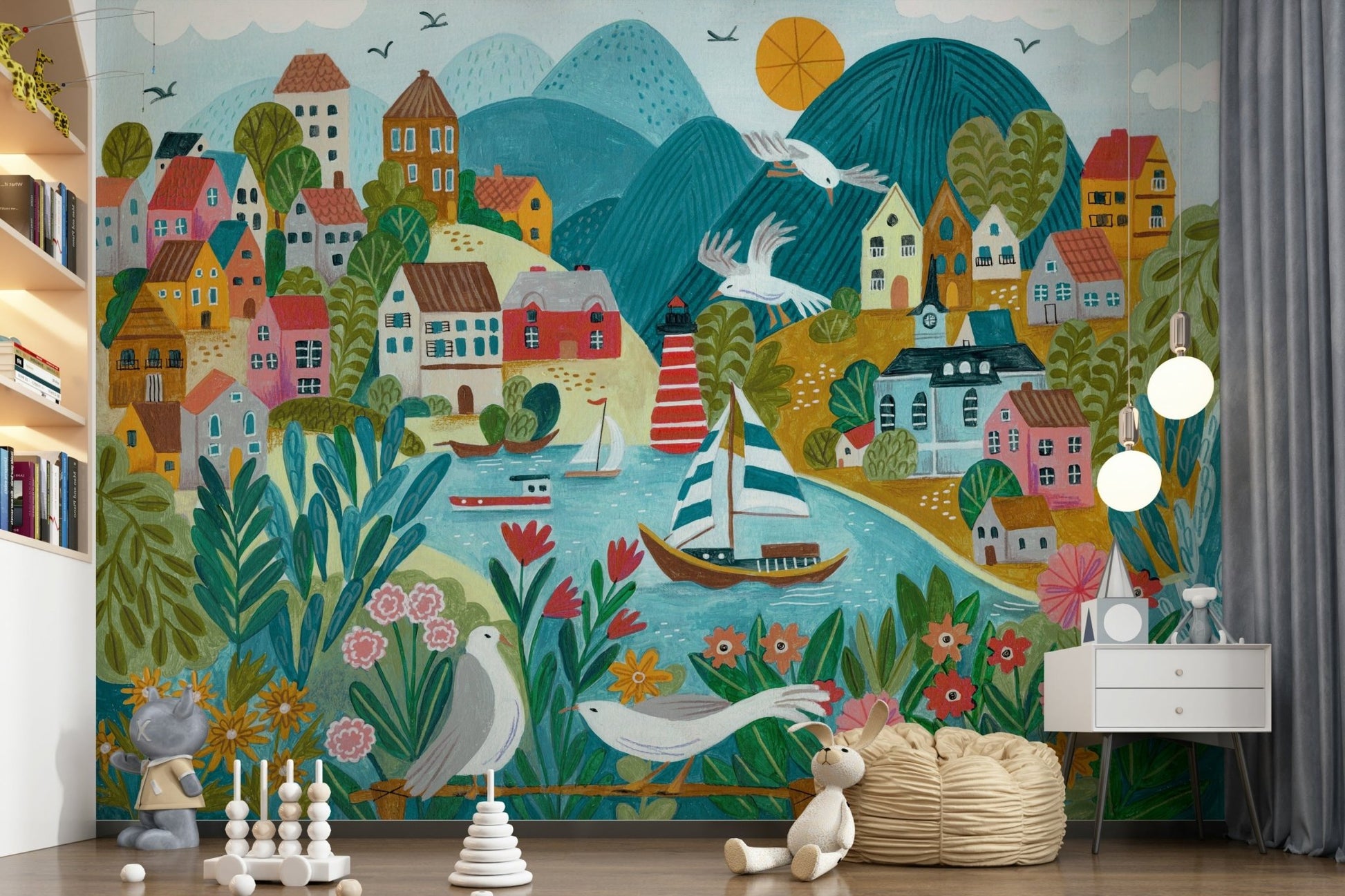 A peaceful open water mural on decorative wallpaper.