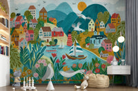 A peaceful open water mural on decorative wallpaper.