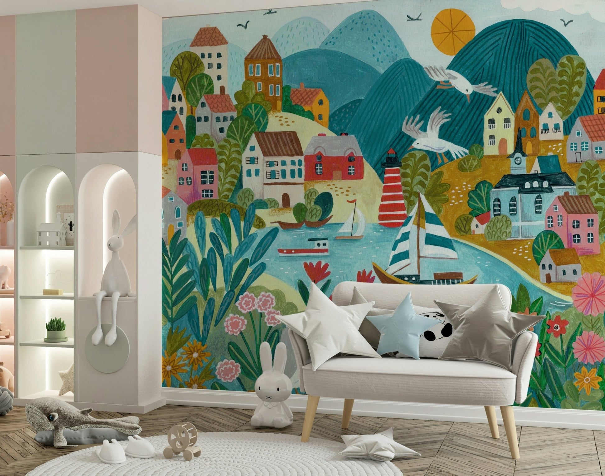 A serene subtle coastal view wall mural for your decor.