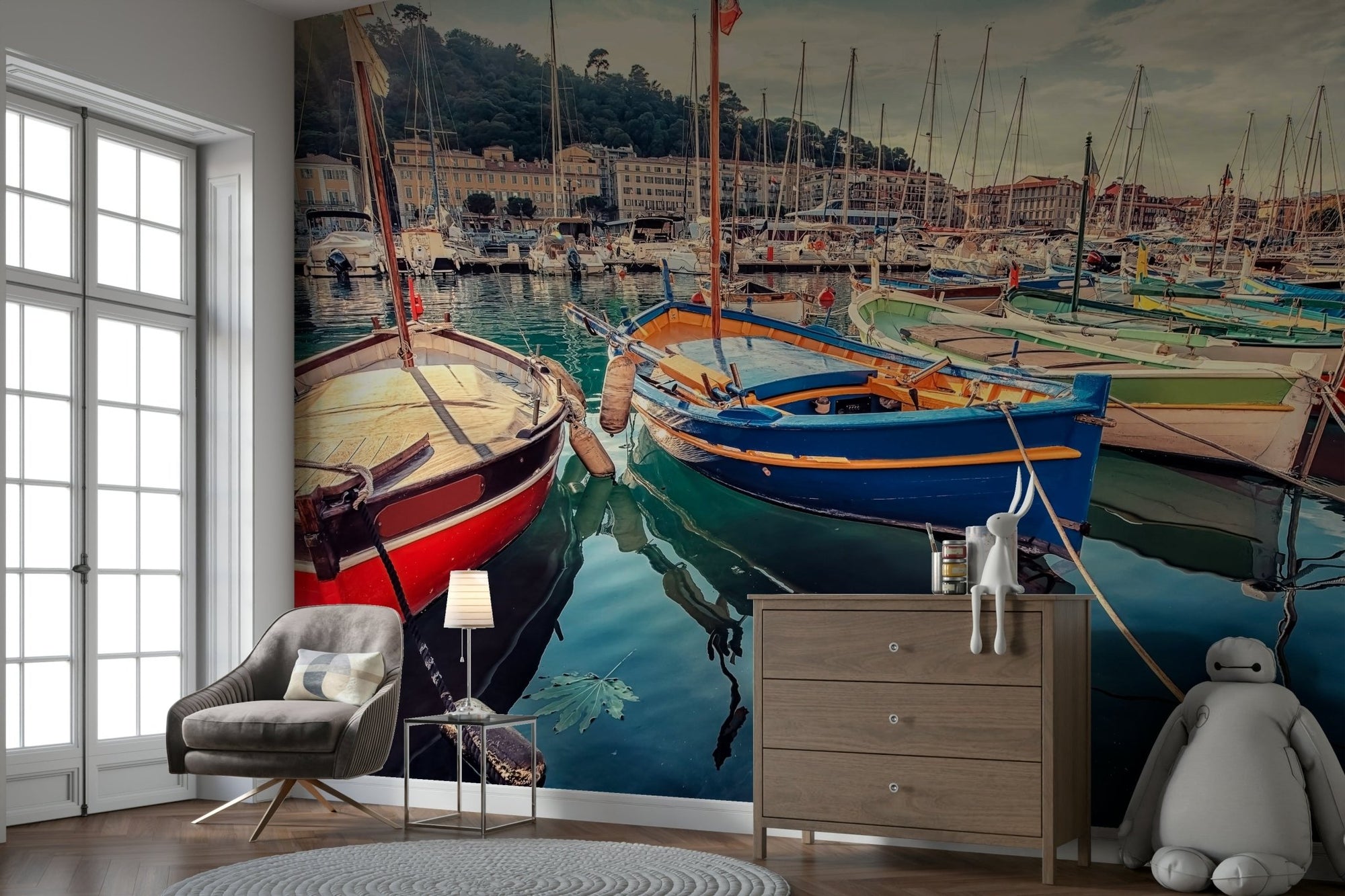 Vibrant Harbor Hues Wall Mural with tied wooden rowboats GD5027