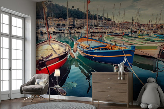 Vibrant Harbor Hues Wall Mural with tied wooden rowboats GD5027