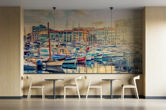 Harbor Serenity Wall Mural with boats docked at port GD5052