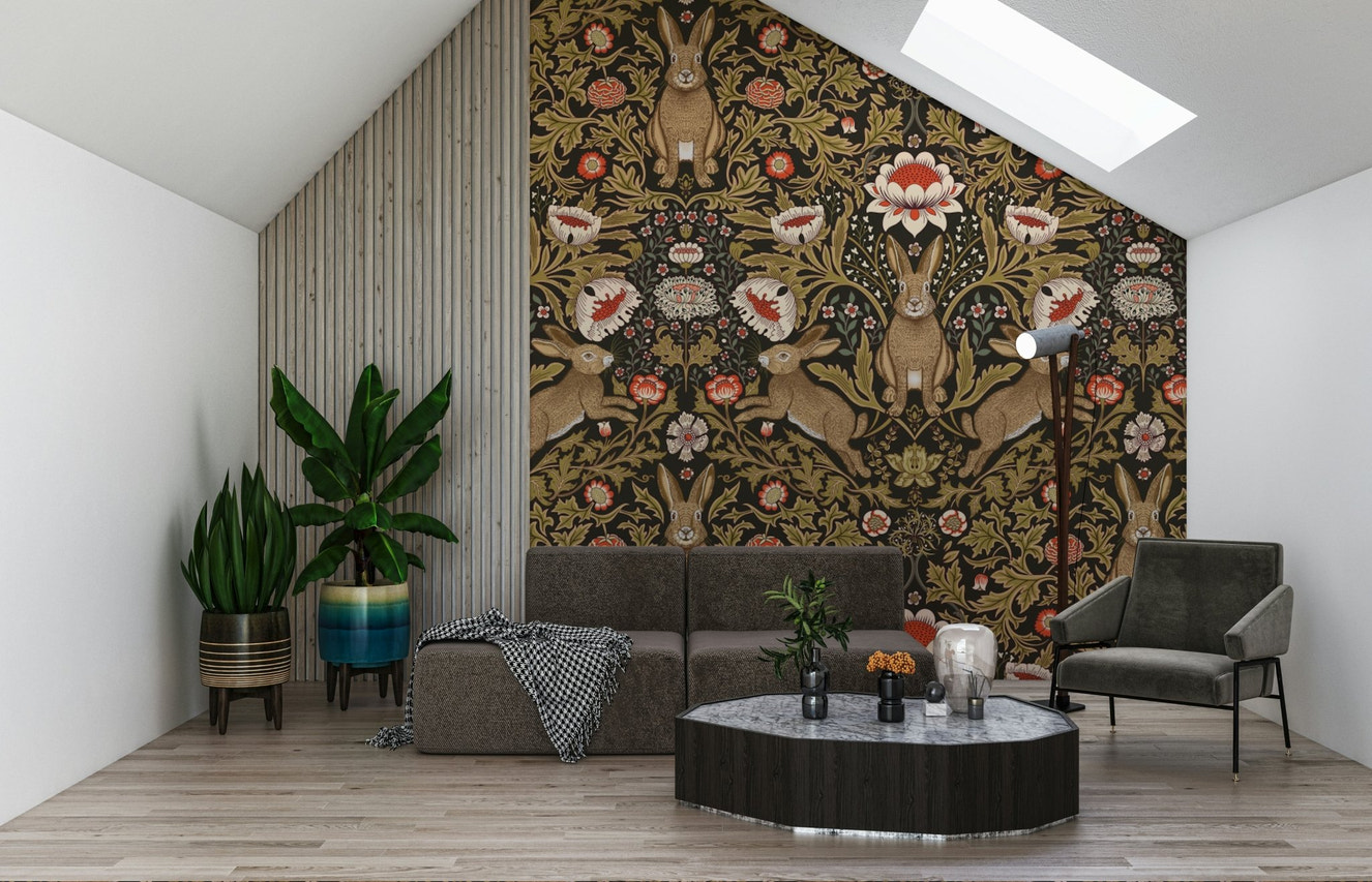 A beautiful whimsical hare and bloom wallpaper mural with floral elements.