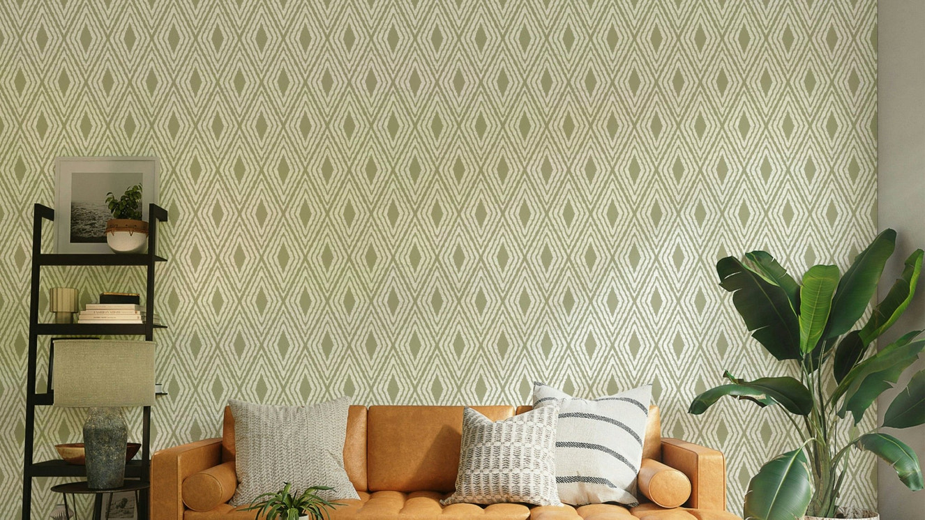 Harlequin diamond wallpaper in muted green

