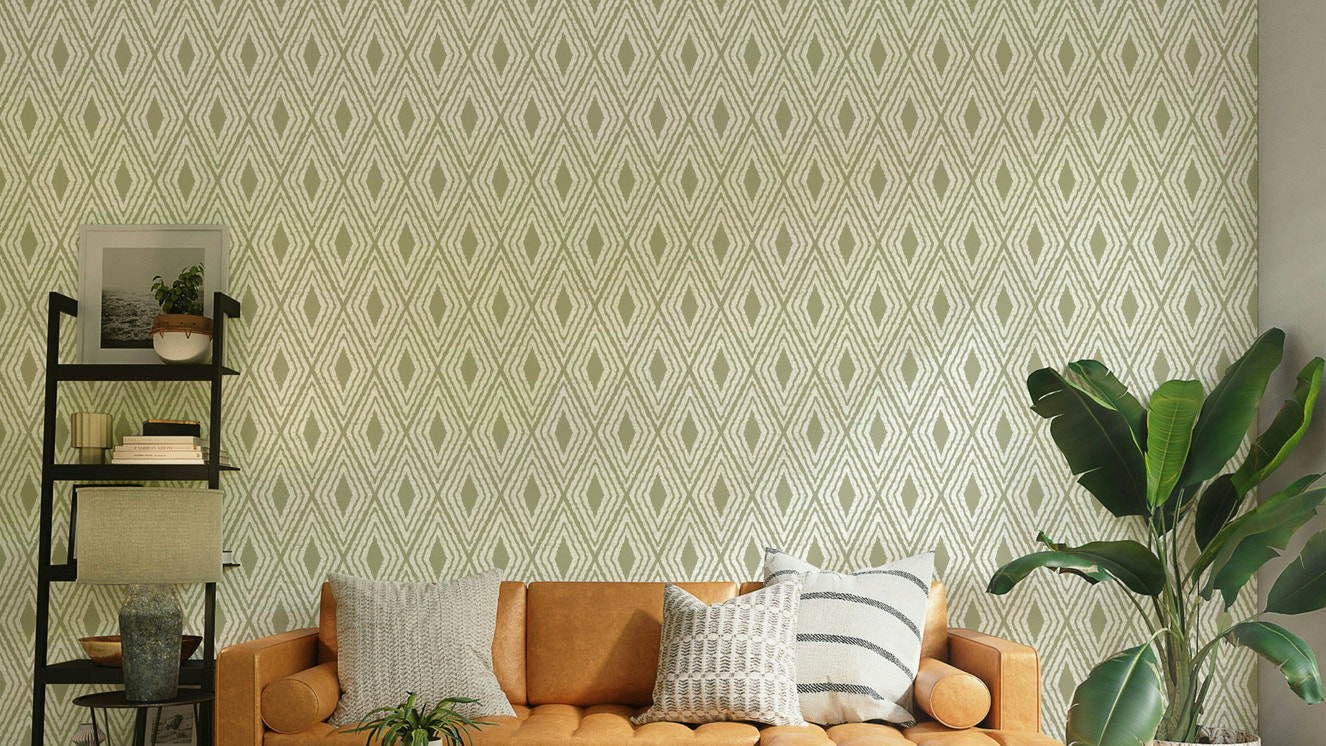 Harlequin diamond wallpaper in muted green

