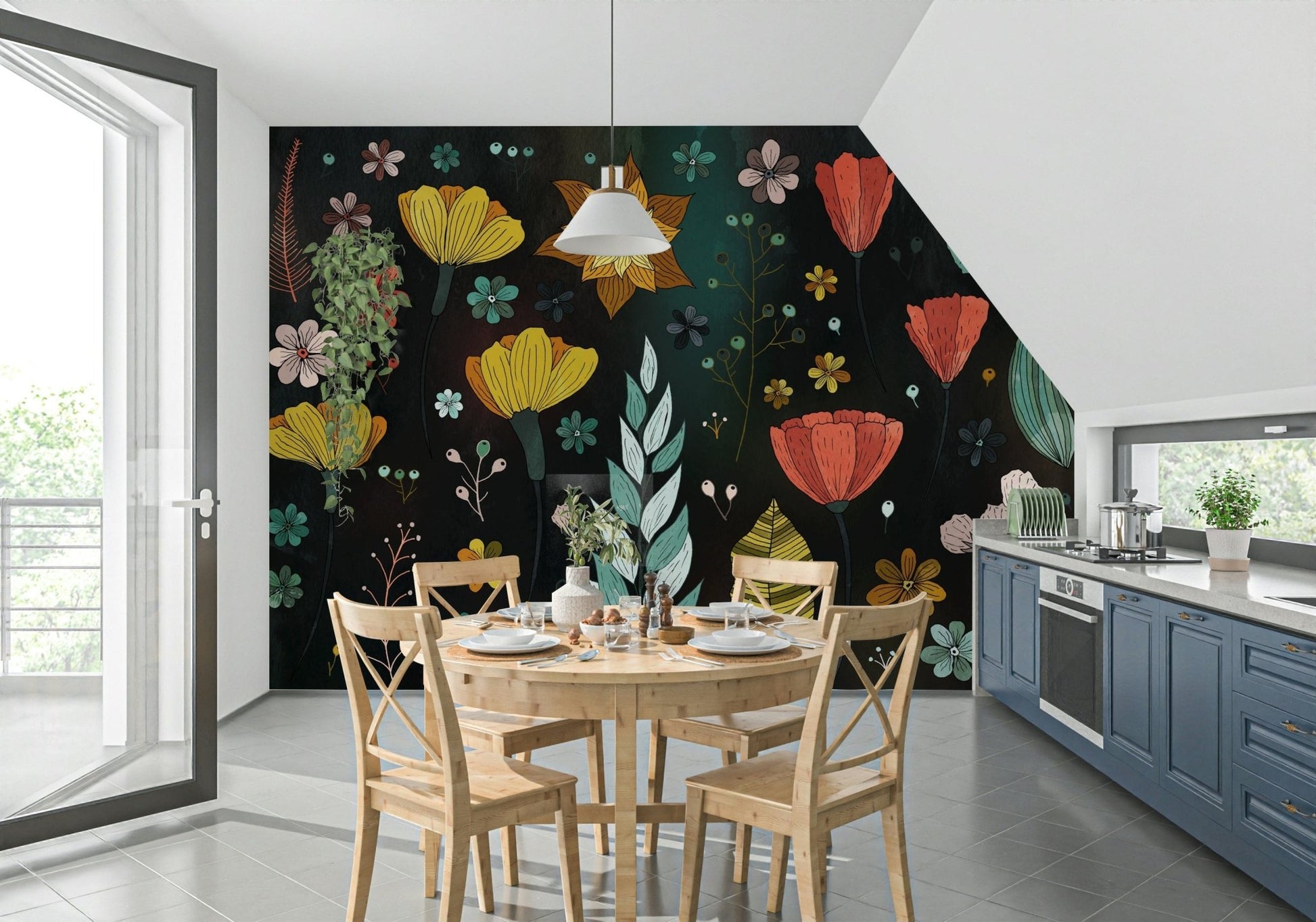 A peaceful flower design mural on decorative wallpaper.