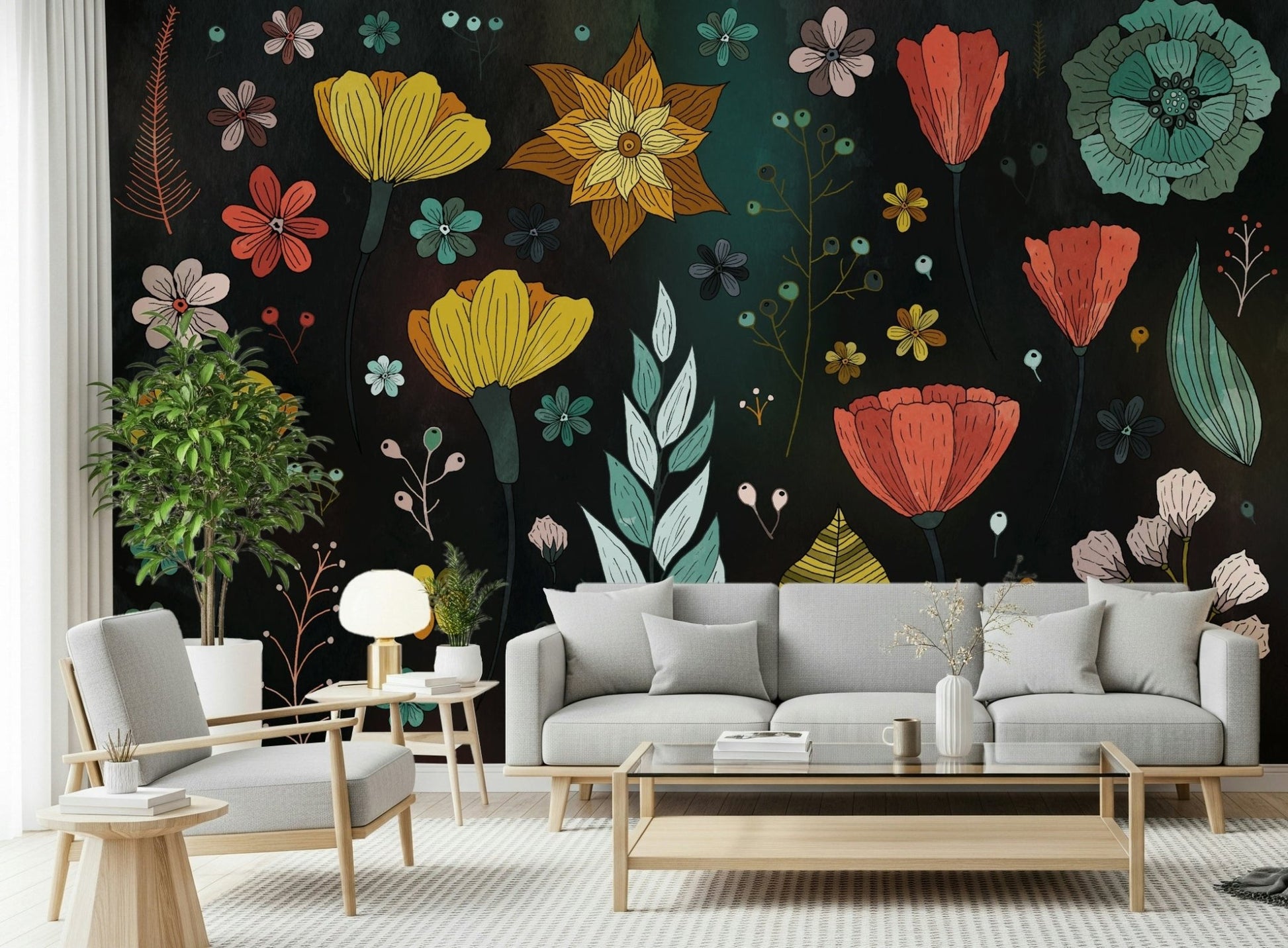 An artistic delicate bloom mural on minimalist wallpaper.