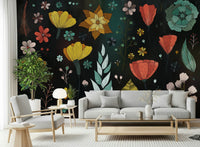 An artistic delicate bloom mural on minimalist wallpaper.