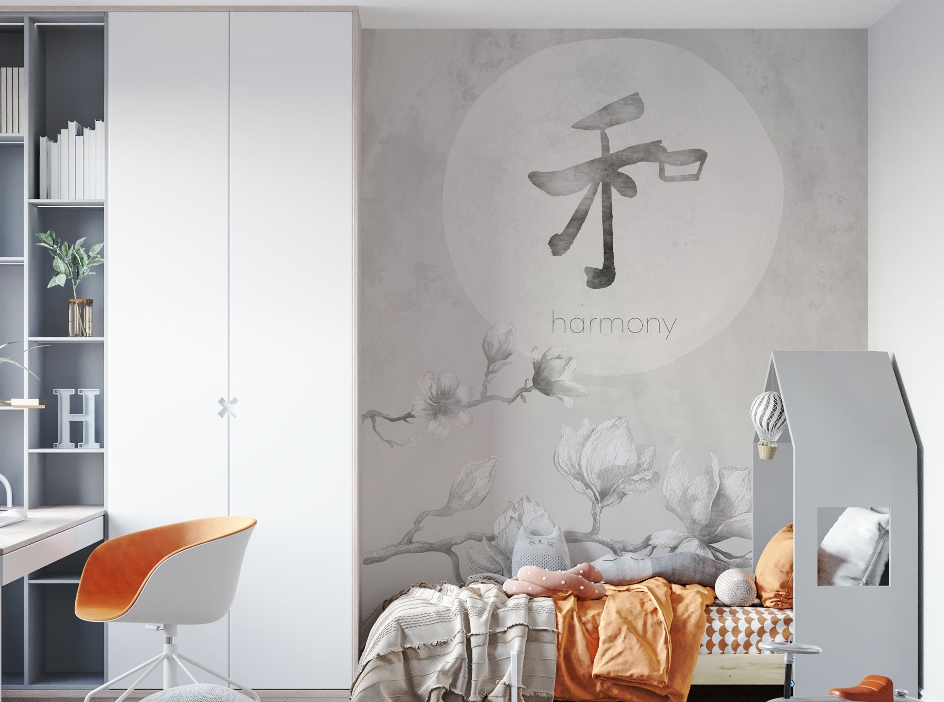 Japandi mural combining Japanese calm and Nordic form

