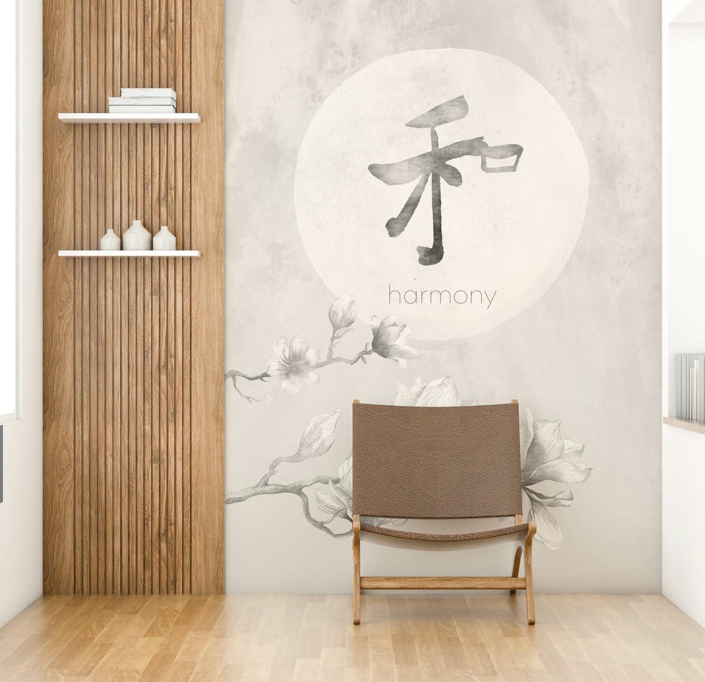 Organic shapes in minimalist Japandi mural design

