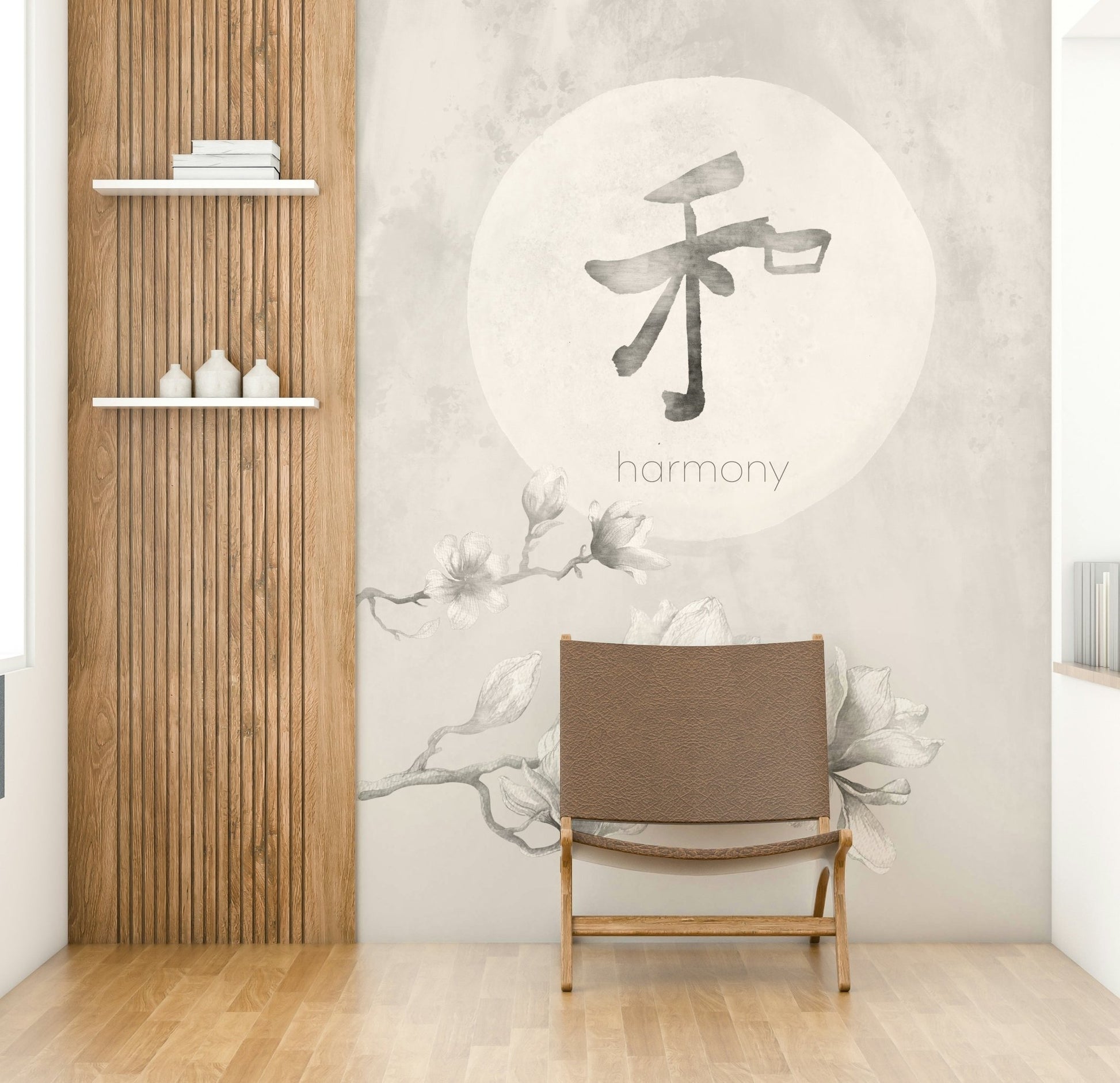 Organic shapes in minimalist Japandi mural design

