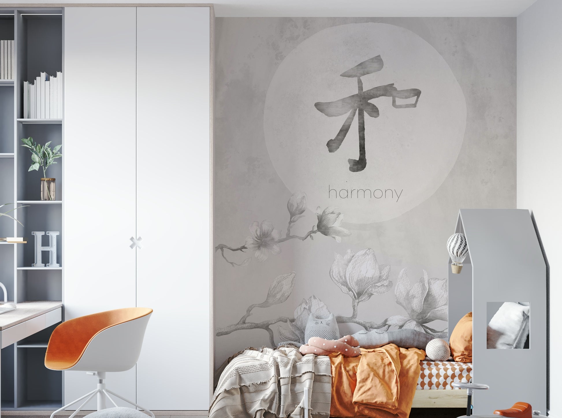 Japandi mural combining Japanese calm and Nordic form

