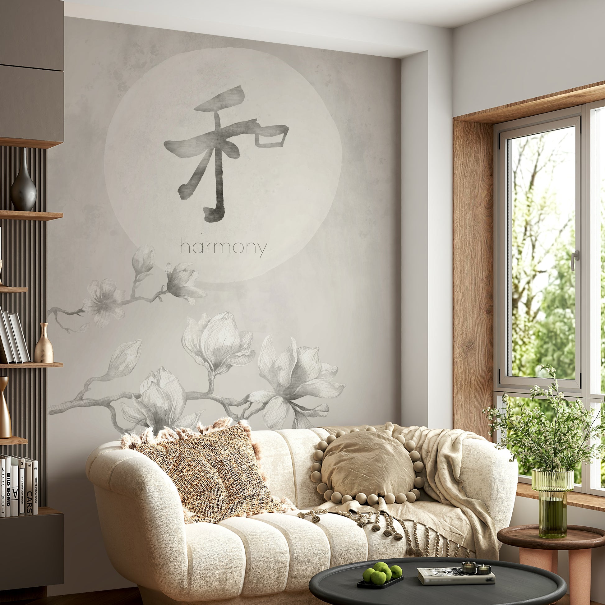 Muted taupe and charcoal mural for Japandi decor


