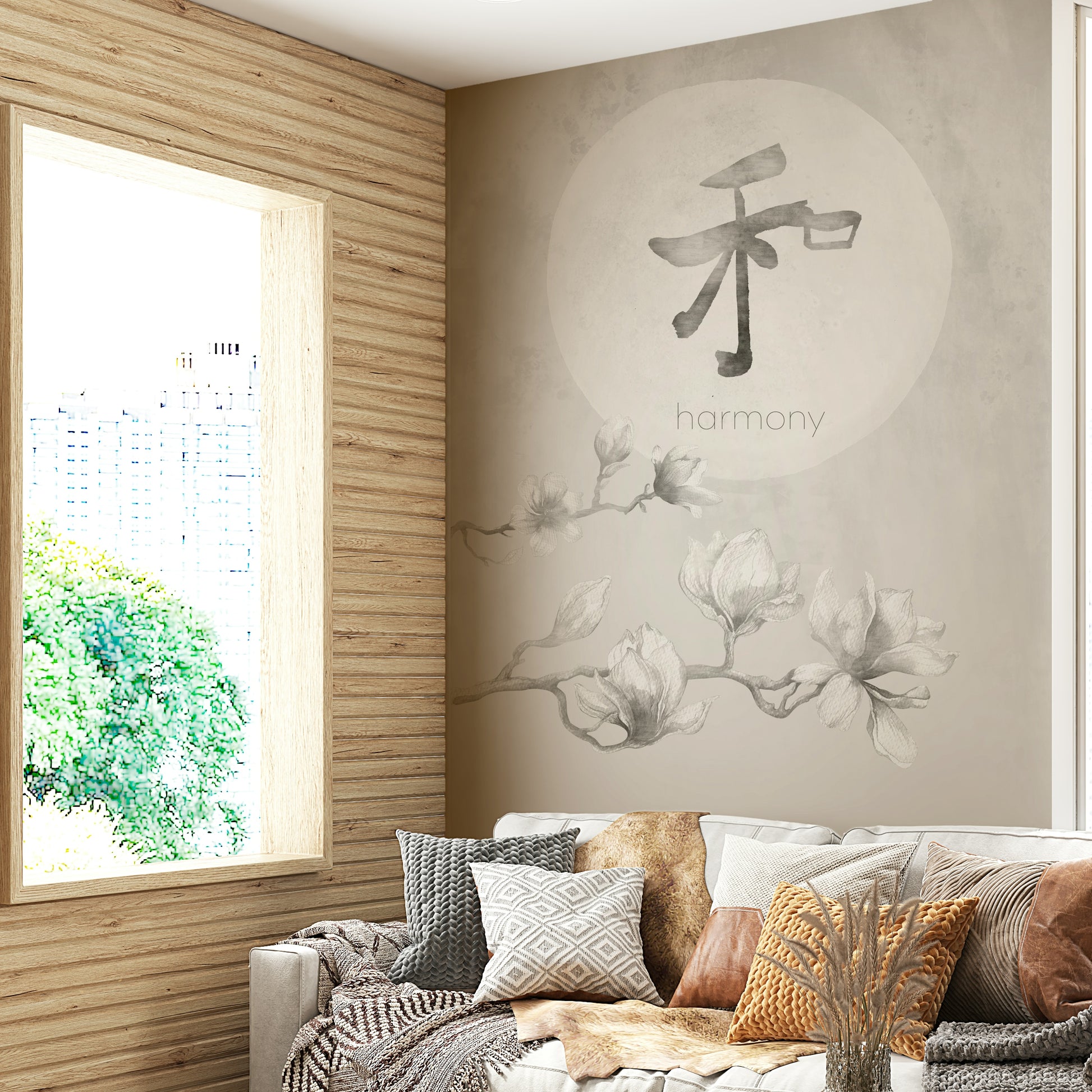 Japandi-style mural with neutral tones and soft forms

