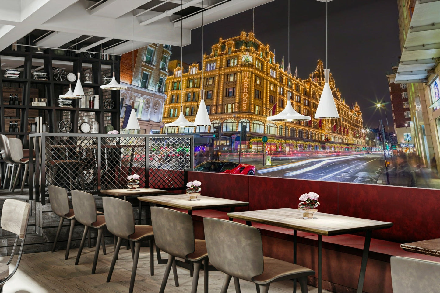 Bustling pedestrian activity on sidewalks.

