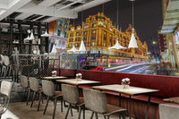 Bustling pedestrian activity on sidewalks.

