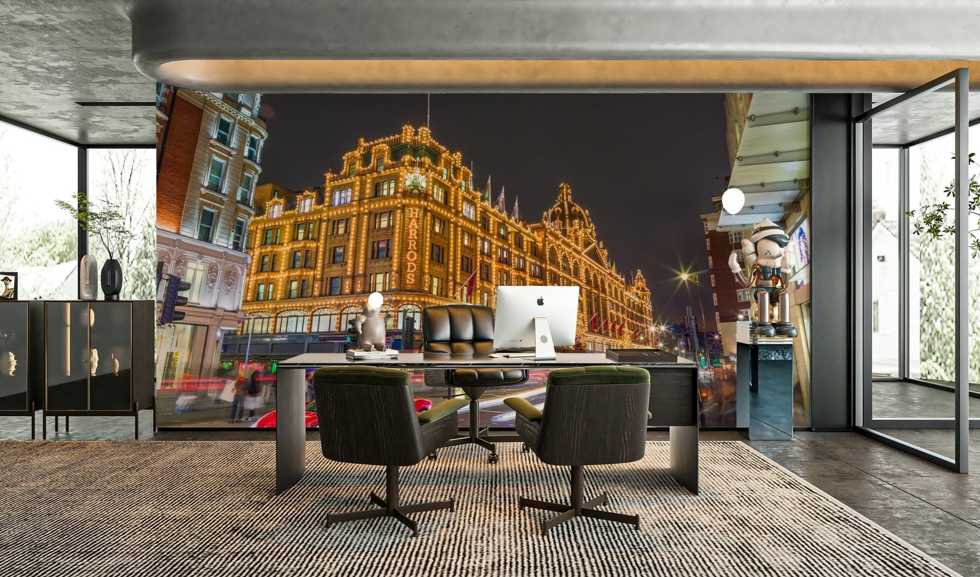 Illuminated Harrods department store at night.

