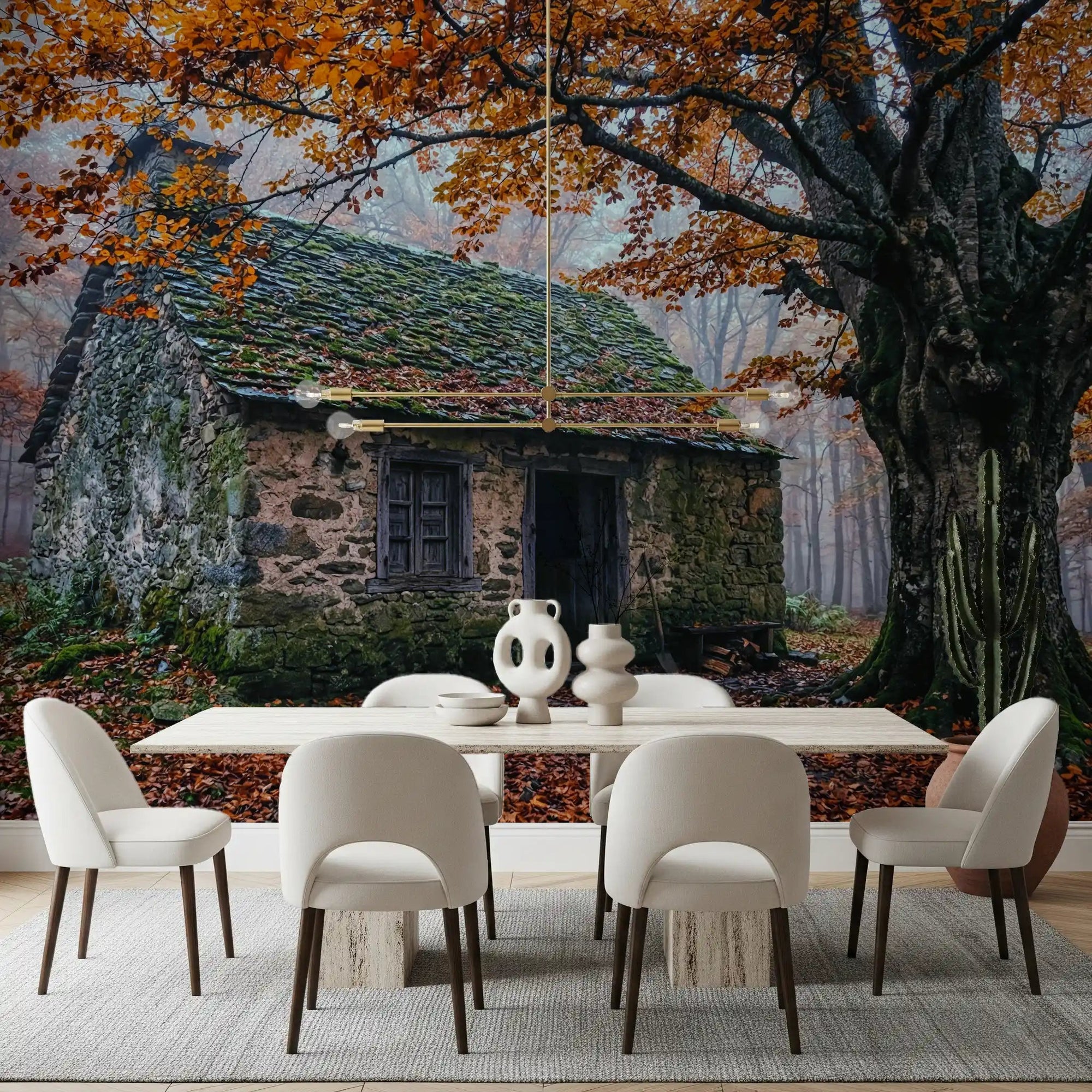 Dining room Hearth Haven wall mural in misty woodland orange leaf tones, GD9063