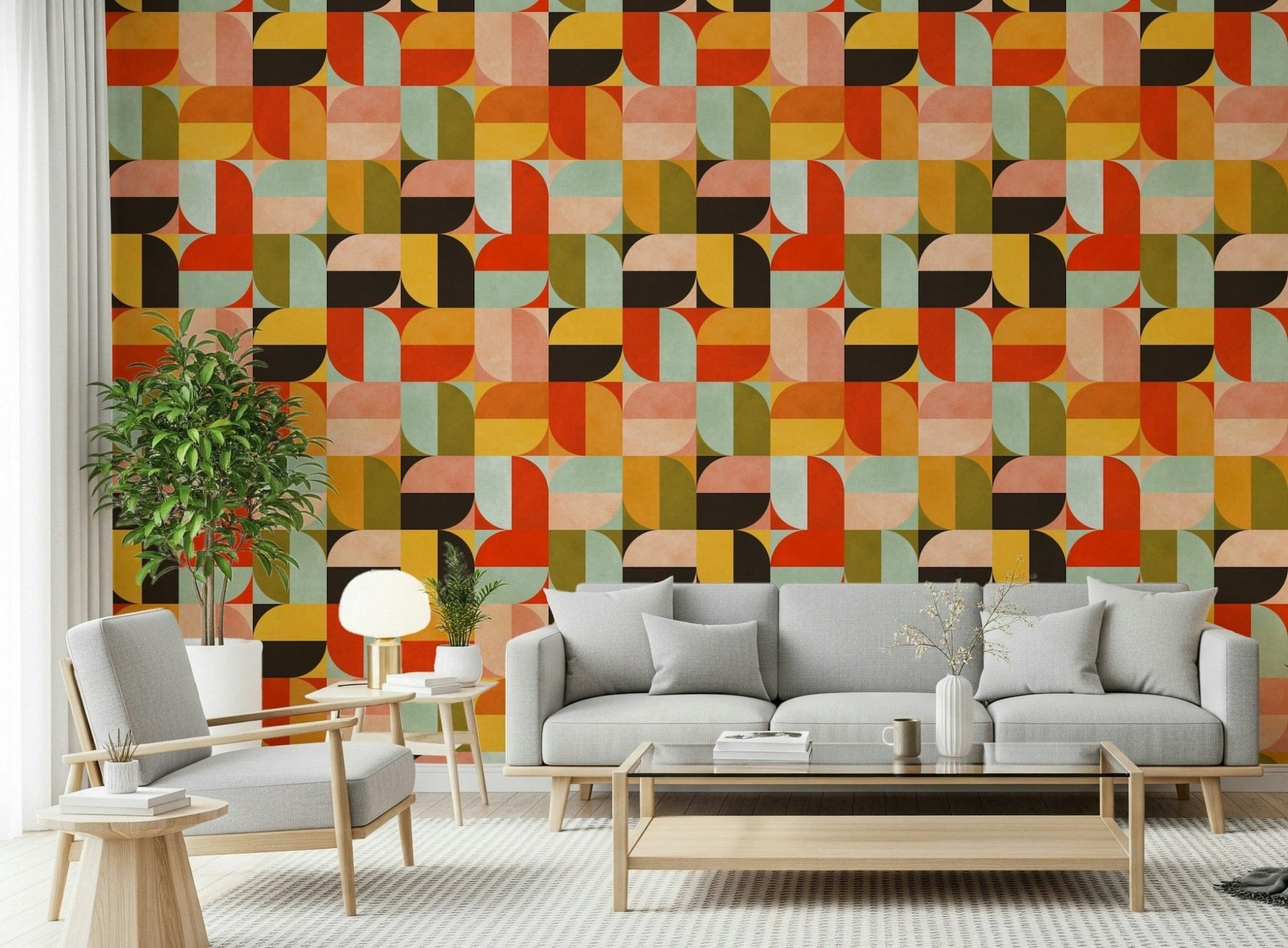Mid-century modern aesthetic curved Harvest Moon mural.