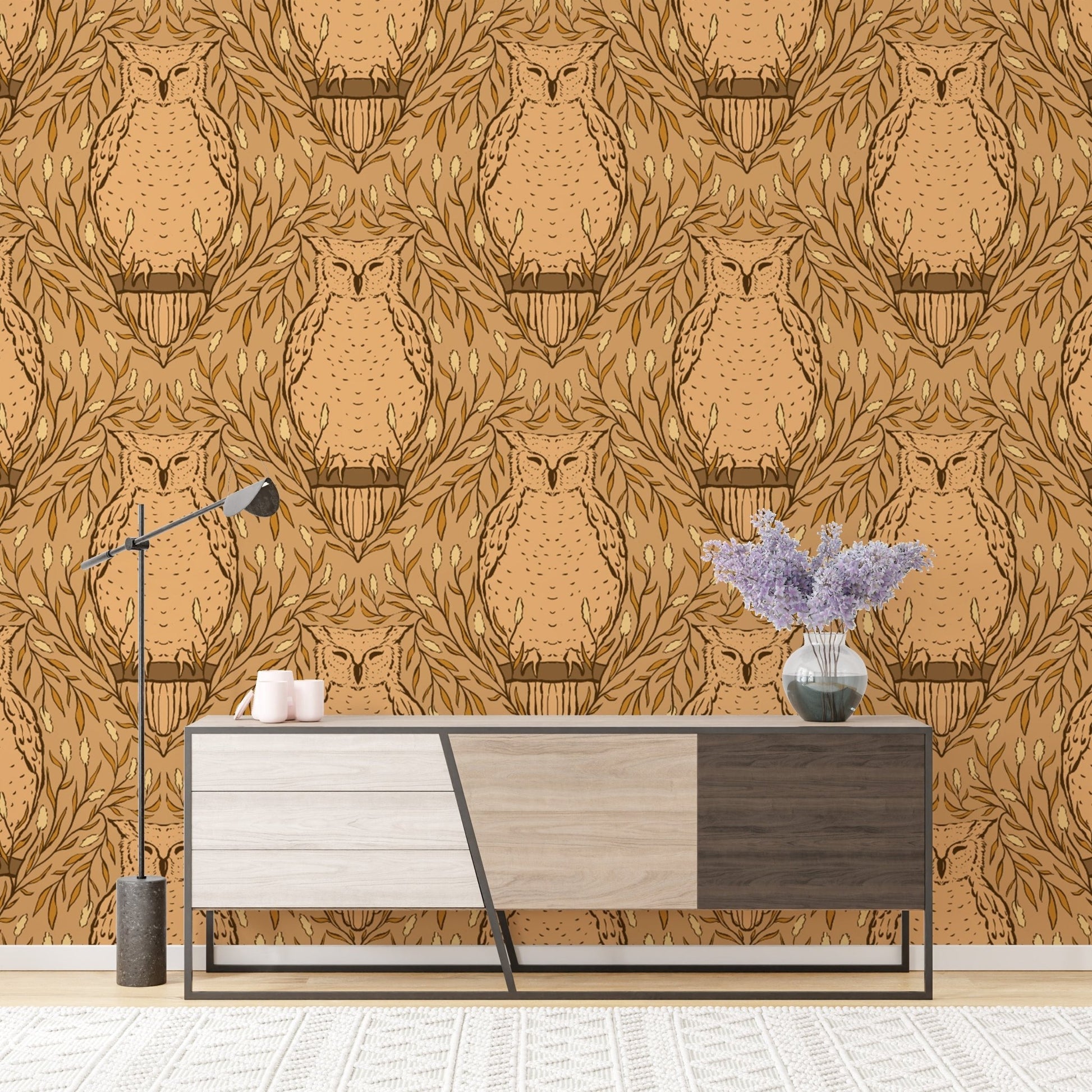 Artistic harvest owl wallpaper for unique and bold wall design. RNM42
