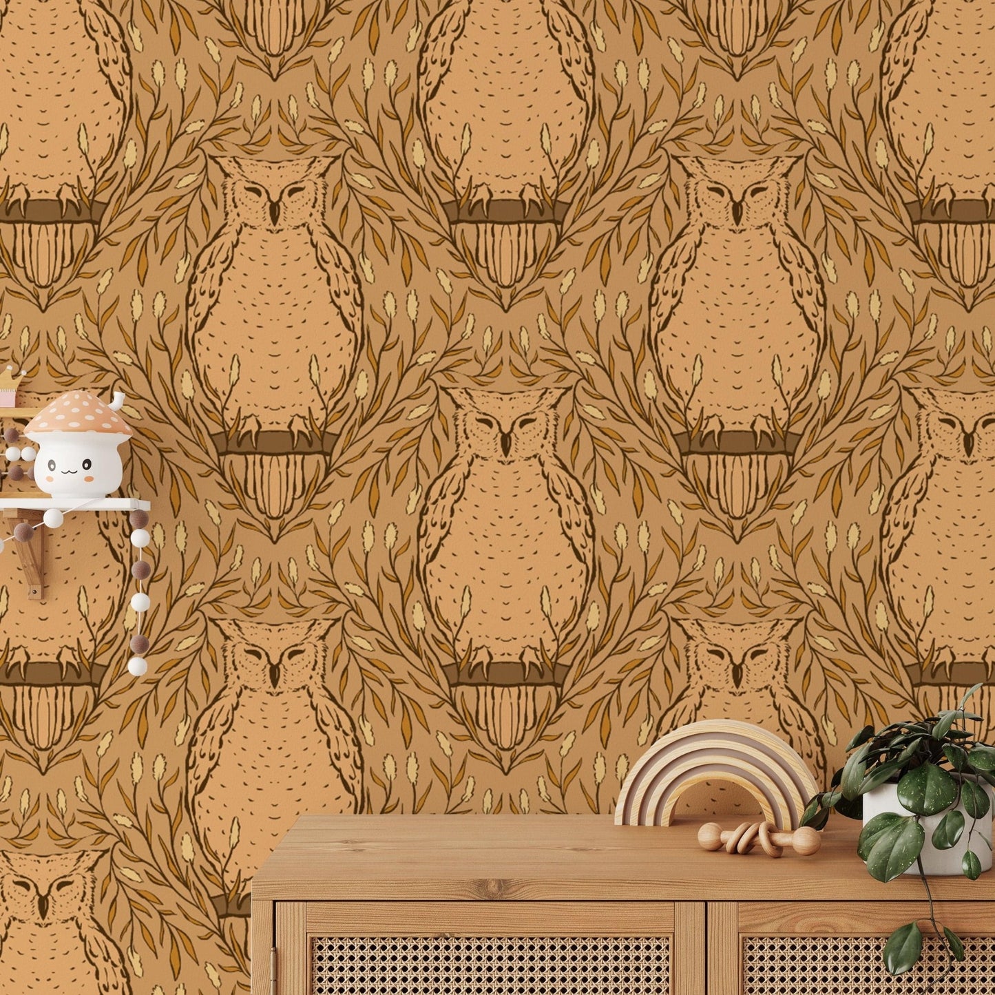 Charming harvest owl wallpaper for cozy, nature-inspired decor. RNM42
